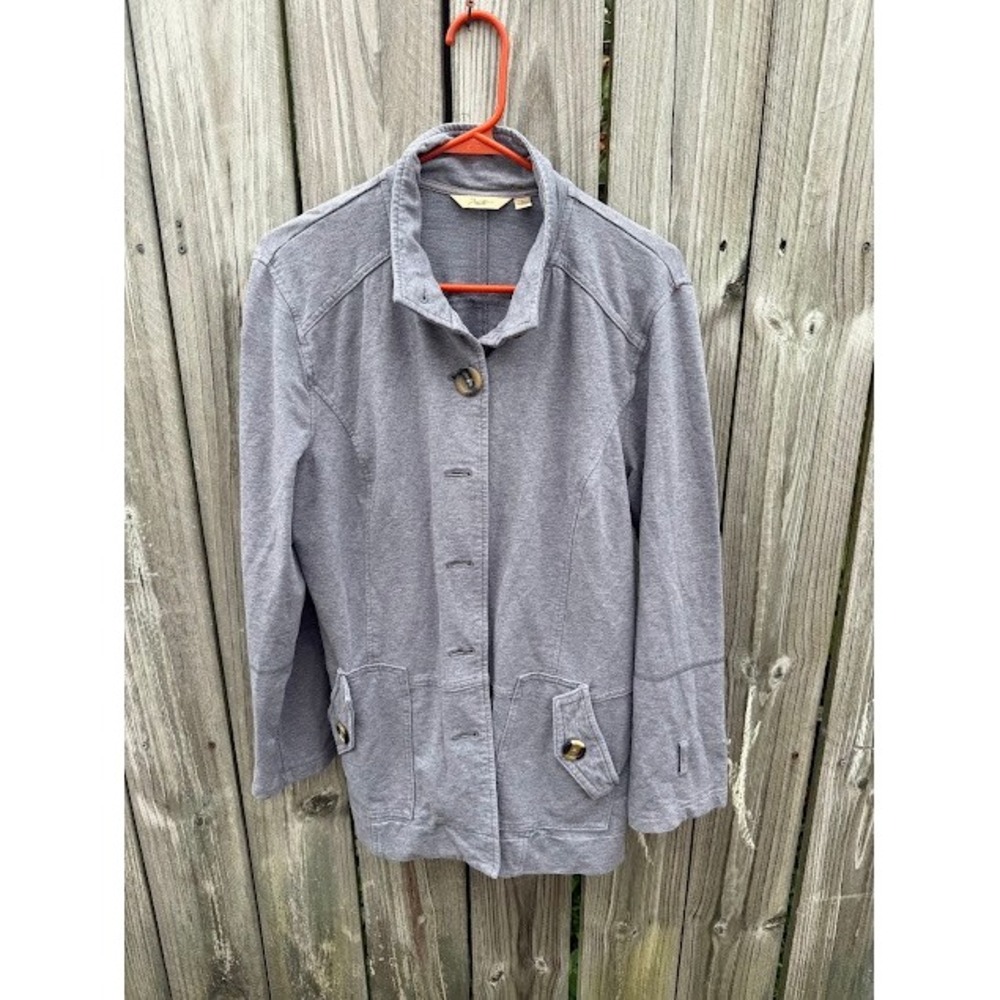 Casual Minimalist Motto Knit Jacket Size M Gray Mock Neck Button Up Utility